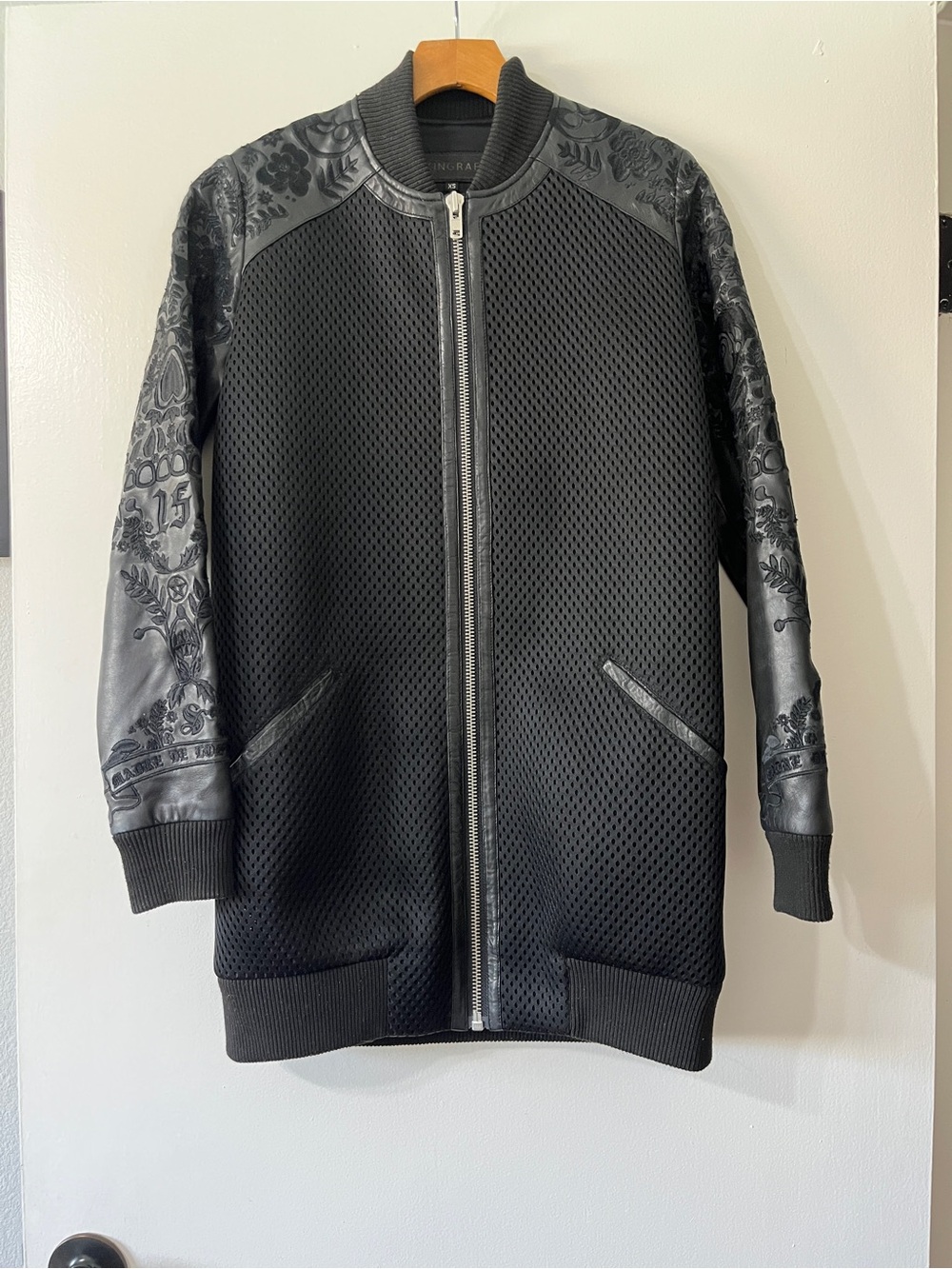 Skingraft Black Bomber Jacket with Ribbed Collar and embroidered leather arms